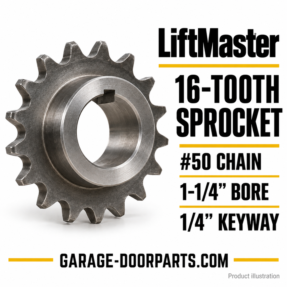 LiftMaster 16-Tooth Sprocket for #50 Chain – 1-1/4" Bore, 1/4" Keyway