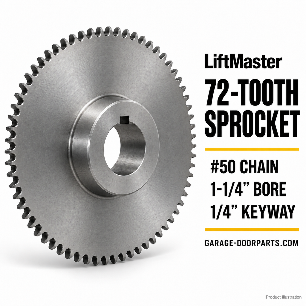 LIFTMASTER 50 CHAIN 72 TOOTH SPROCKET 1-1/4" BORE, 1/4" KEYWAYLiftMaster 72-Tooth Sprocket for #50 Chain – 1-1/4" Bore, 1/4" Keyway