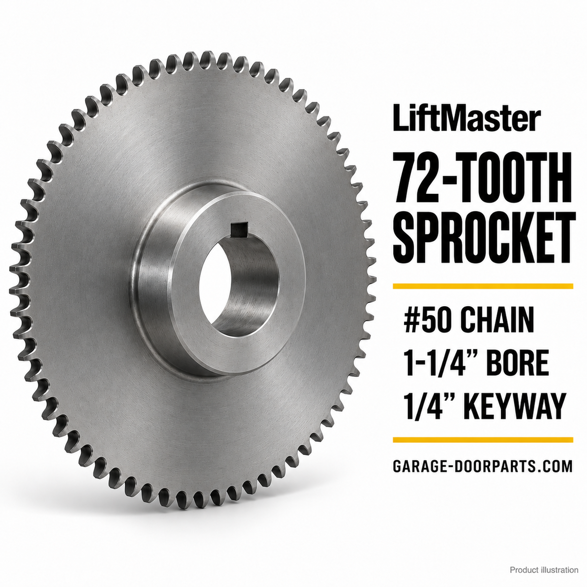 LIFTMASTER 50 CHAIN 72 TOOTH SPROCKET 1-1/4" BORE, 1/4" KEYWAYLiftMaster 72-Tooth Sprocket for #50 Chain – 1-1/4" Bore, 1/4" Keyway